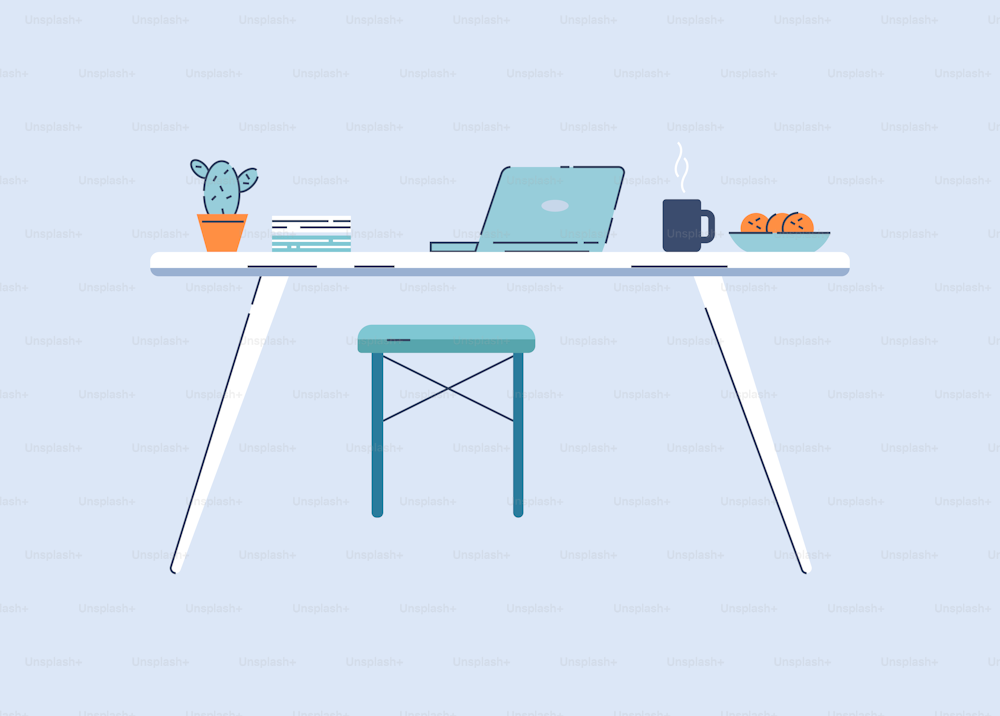Home workplace semi flat RGB color vector illustration. Table with laptop, documents and snacks isolated cartoon objects on blue background. Cozy workspace for freelancer, independent worker