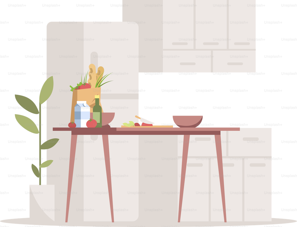 Küche halbflache RGB-Farbvektorillustration. Möbel, gesunde Lebensmittel und dekorative Pflanze isoliertes Cartoon-Objekt auf weißem Hintergrund. Gesunde Mahlzeitenzubereitung, vegetarische Ernährung. Wohnung Innenraum