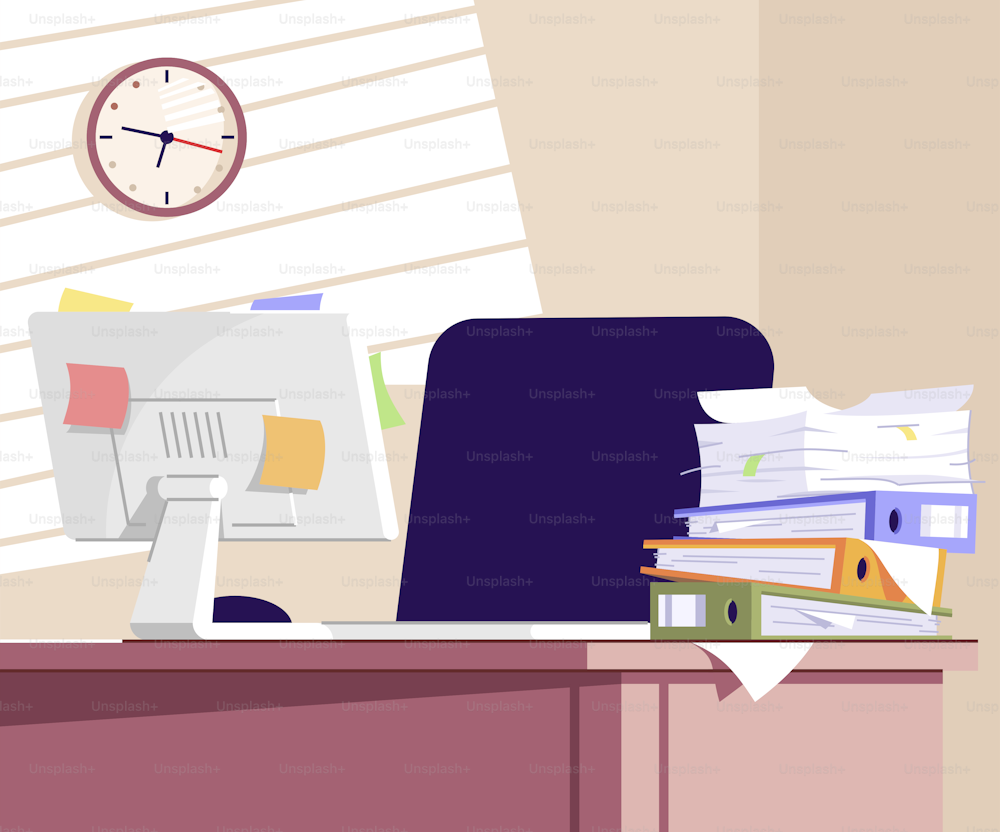 Stressful work semi flat vector illustration. Unorganized workplace 2D cartoon interior for commercial use. Stress factors in office. Paperwork overload, overworking problem. Business trouble