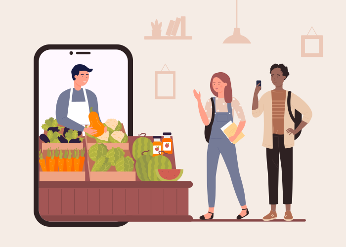 Buy food in online farm market shop vector illustration. Cartoon flat happy characters shopping, people buying organic vegetables and fruits, using smartphone app farmers store advertising background