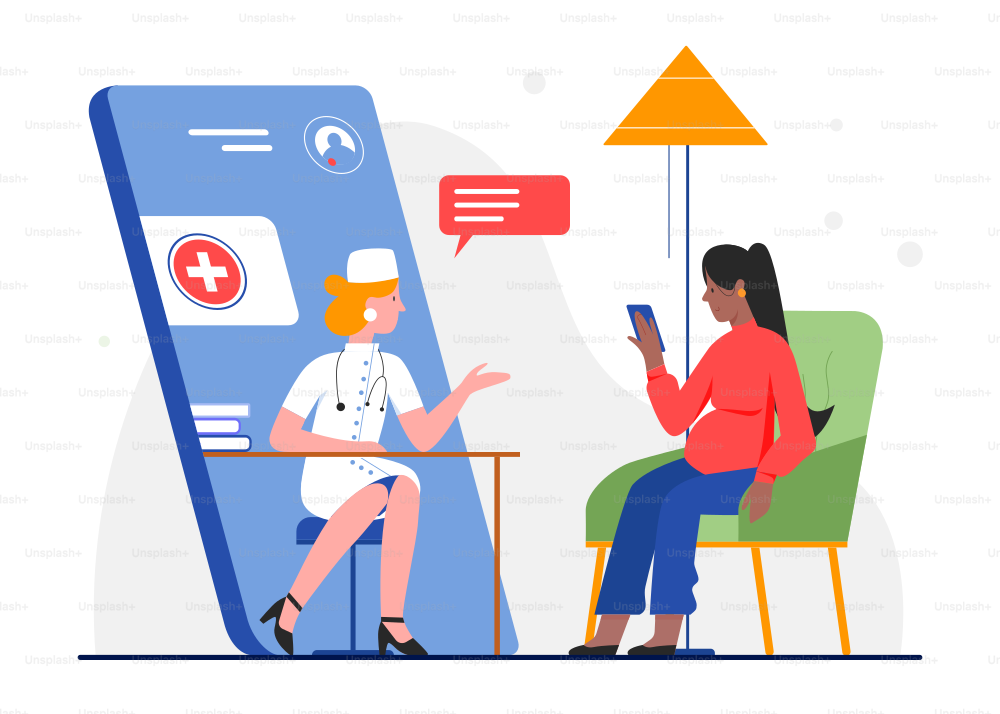 온라인 임신 의료 상담 벡터 그림입니다. 만화 플랫 의사 캐릭터는 스마트폰을 통해 채팅 약속 앱에서 여성 환자를 상담합니다. 흰색으로 격리된 임신 의학 건강 관리