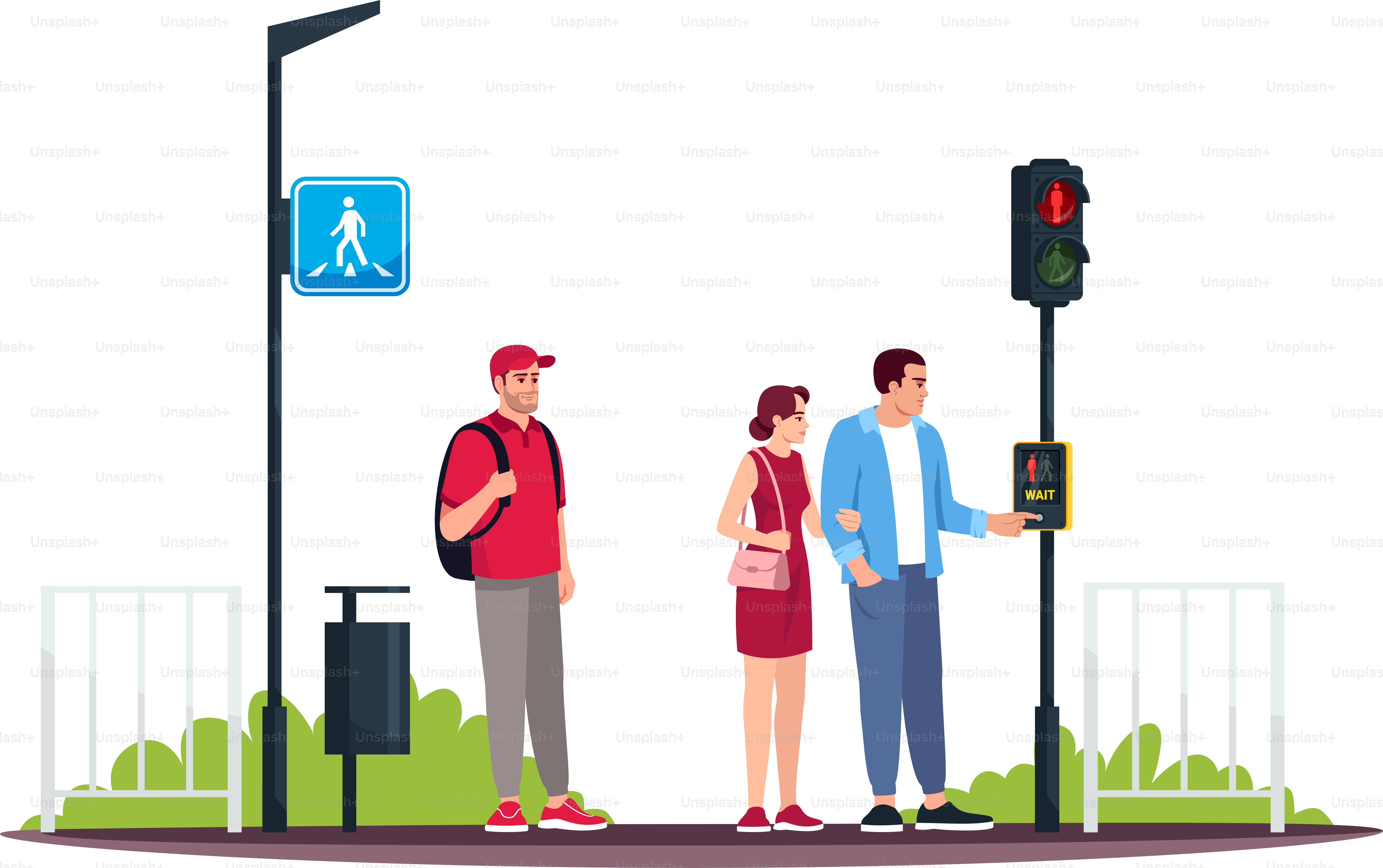 People at crosswalk with wait traffic button semi flat RGB color vector illustration. Safety and protection on roads. Pedestrian facilities. Isolated cartoon characters on white background