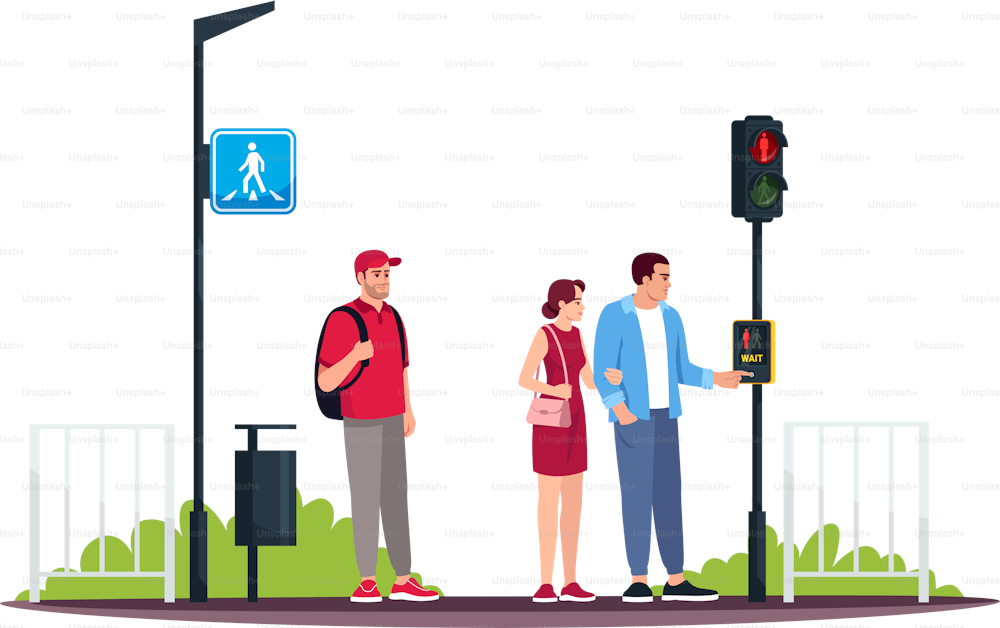 People at crosswalk with wait traffic button semi flat RGB color vector illustration. Safety and protection on roads. Pedestrian facilities. Isolated cartoon characters on white background