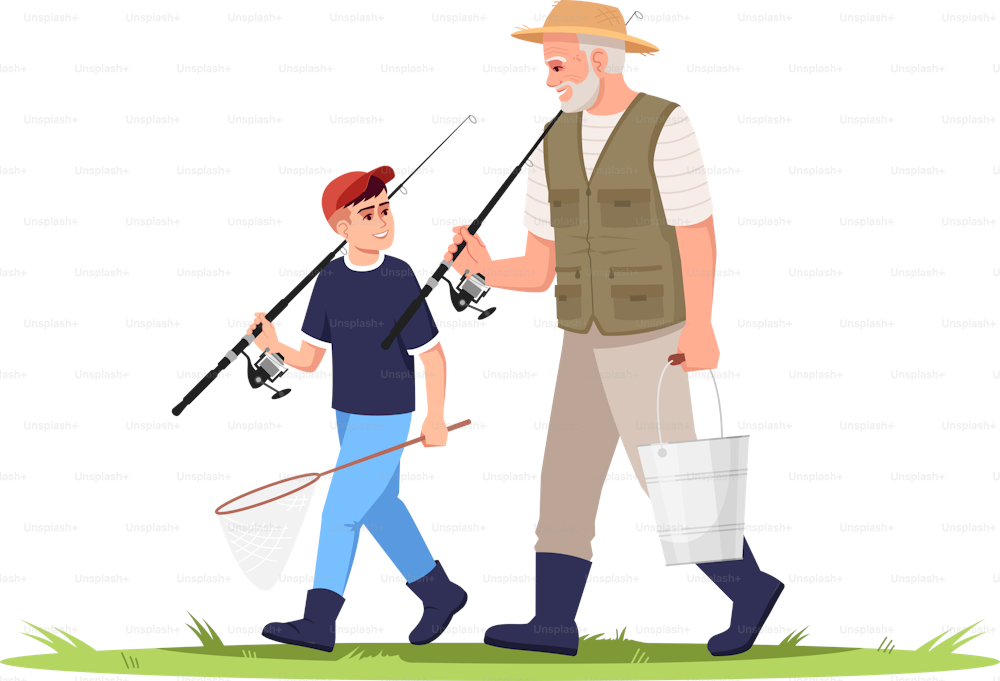 Family going fishing semi flat RGB color vector illustration. Rural lifestyle. Summer activity in village. Grandson with grandfather with fishing rods isolated cartoon characters on white background