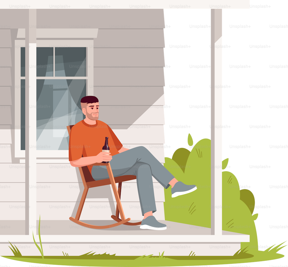 Man sit in armchair on patio semi flat RGB color vector illustration. Rural lifestyle, summer recreation in village. Farmer on porch relax in chair isolated cartoon character on white background