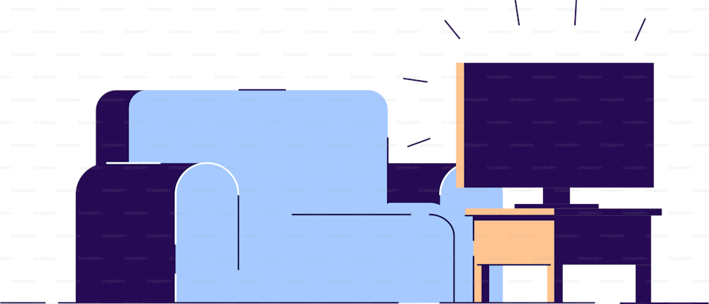 Couch und Fernseher halbflache RGB-Farbvektorillustration. Blaues Sofa und Fernseher isolierte Cartoon-Objekte auf weißem Hintergrund. Wohnzimmer-Einrichtung. Moderne Medienerholung, Filmabend