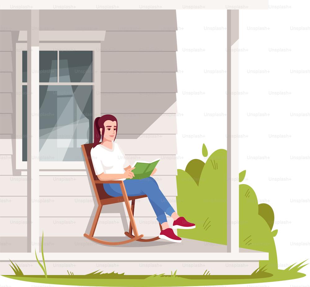 Frau sitzt im Sessel auf der Terrasse halbflache RGB-Farbvektorillustration. Ländlicher Lebensstil, Sommererholung im Dorf. Mädchen mit Buch auf Veranda in Stuhl isolierte Zeichentrickfigur auf weißem Hintergrund