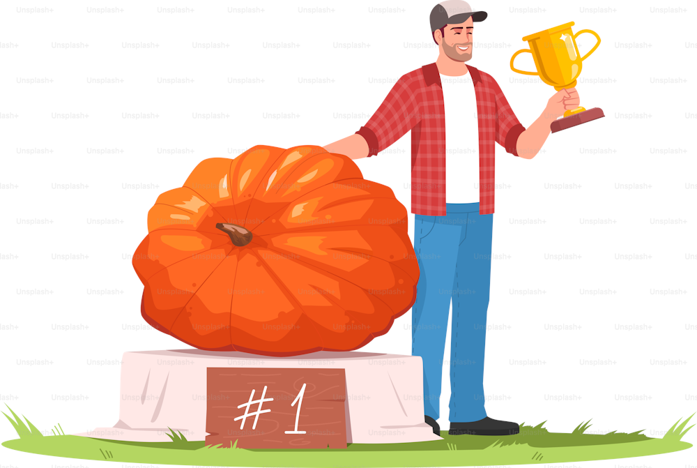 Harvest festival competition semi flat RGB color vector illustration. First place pumpkin, male winner with prize. County fair contest winner isolated cartoon character on white background