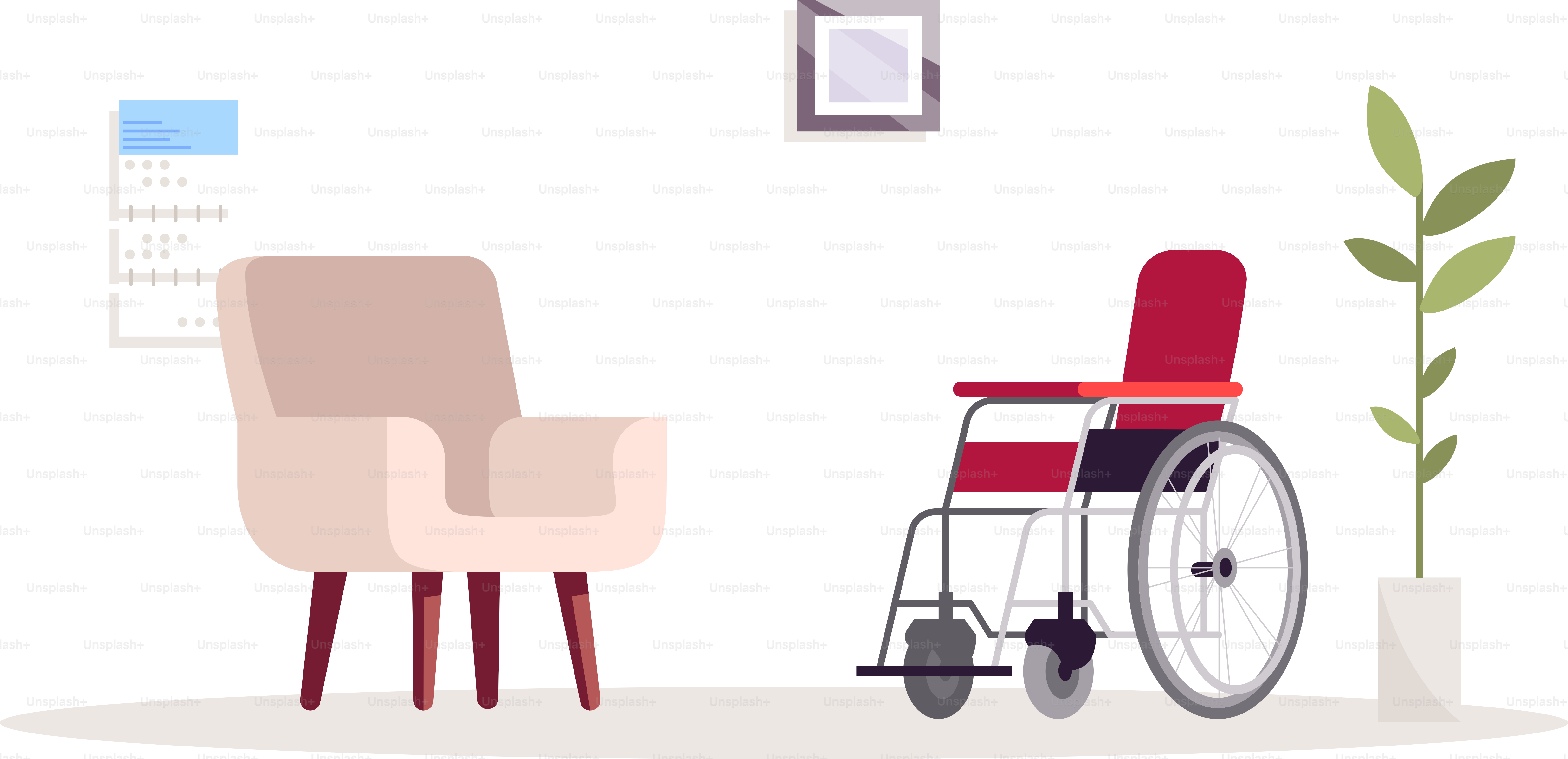 Psychologe, leeres Büro, halbflache RGB-Farbvektorillustration. Sessel im Inneren. Rehabilitation für Behinderte. Büromöbel und isolierte Rollstuhl-Cartoon-Objekte auf weißem Hintergrund