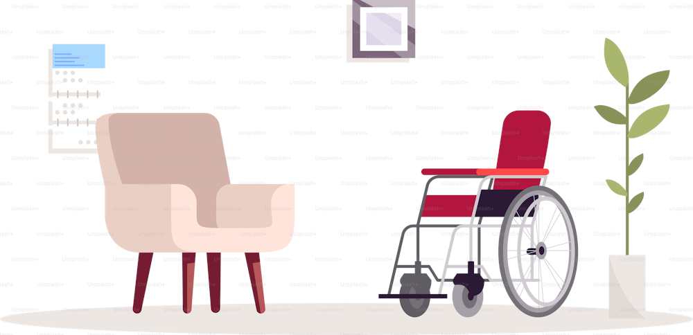 심리학자 빈 사무실 세미 플랫 RGB 컬러 벡터 그림입니다. 내부에 안락의자가 있습니다. 장애인을 위한 재활. 사무용 가구와 휠체어는 흰색 배경에 만화 개체를 격리한다