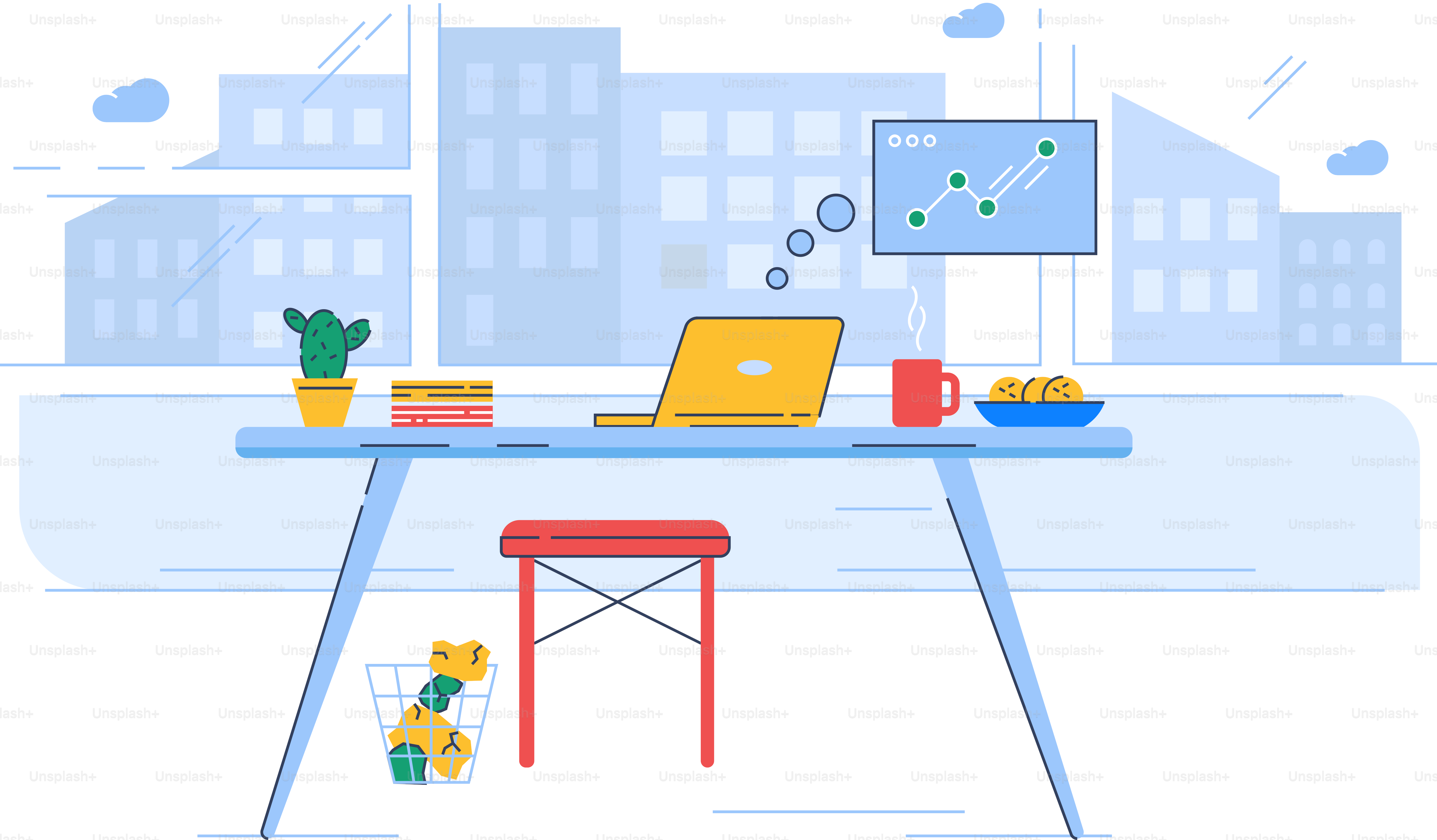 Home office semi flat RGB color vector illustration. Laptop on table with snacks isolated cartoon object on white background. Independent worker, freelancer workplace. Working with comfort