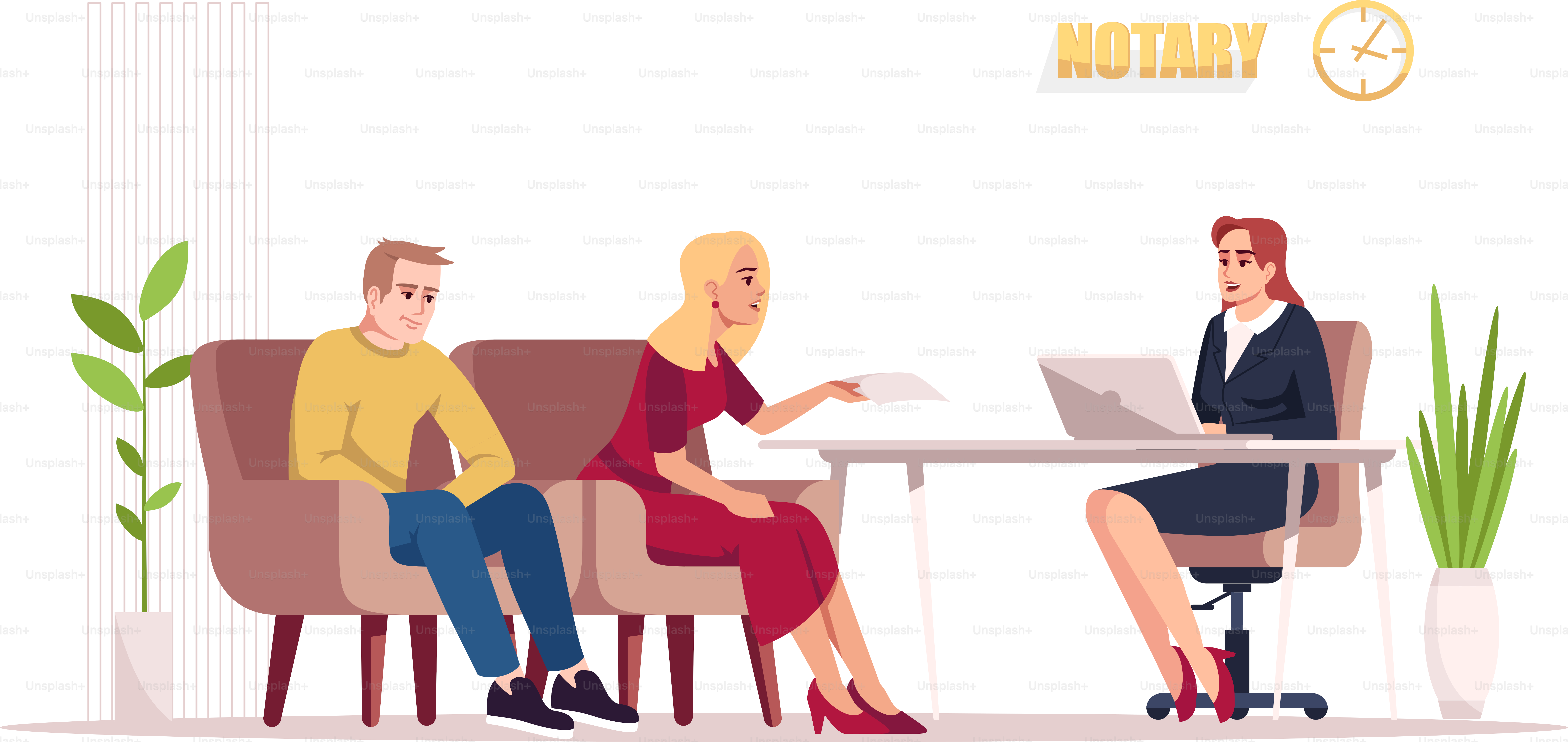 Consulta notarial semi plana RGB color vector ilustración. Esposa y esposo visitan al abogado. Ayuda con la documentación. Abogado con clientes aislado personaje de dibujos animados sobre fondo blanco