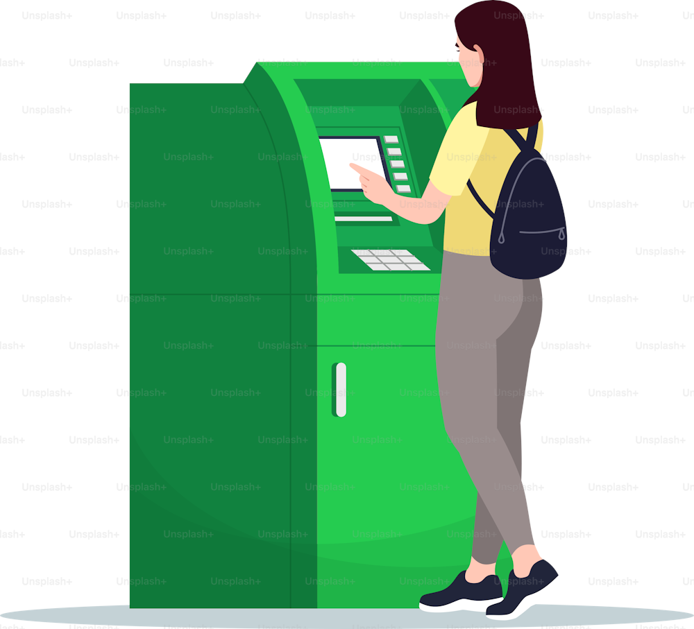 Women use ATM semi flat RGB color vector illustration. Girl withdraw money from self service kiosk. Terminal for money transaction. Bank customer isolated cartoon character on white background