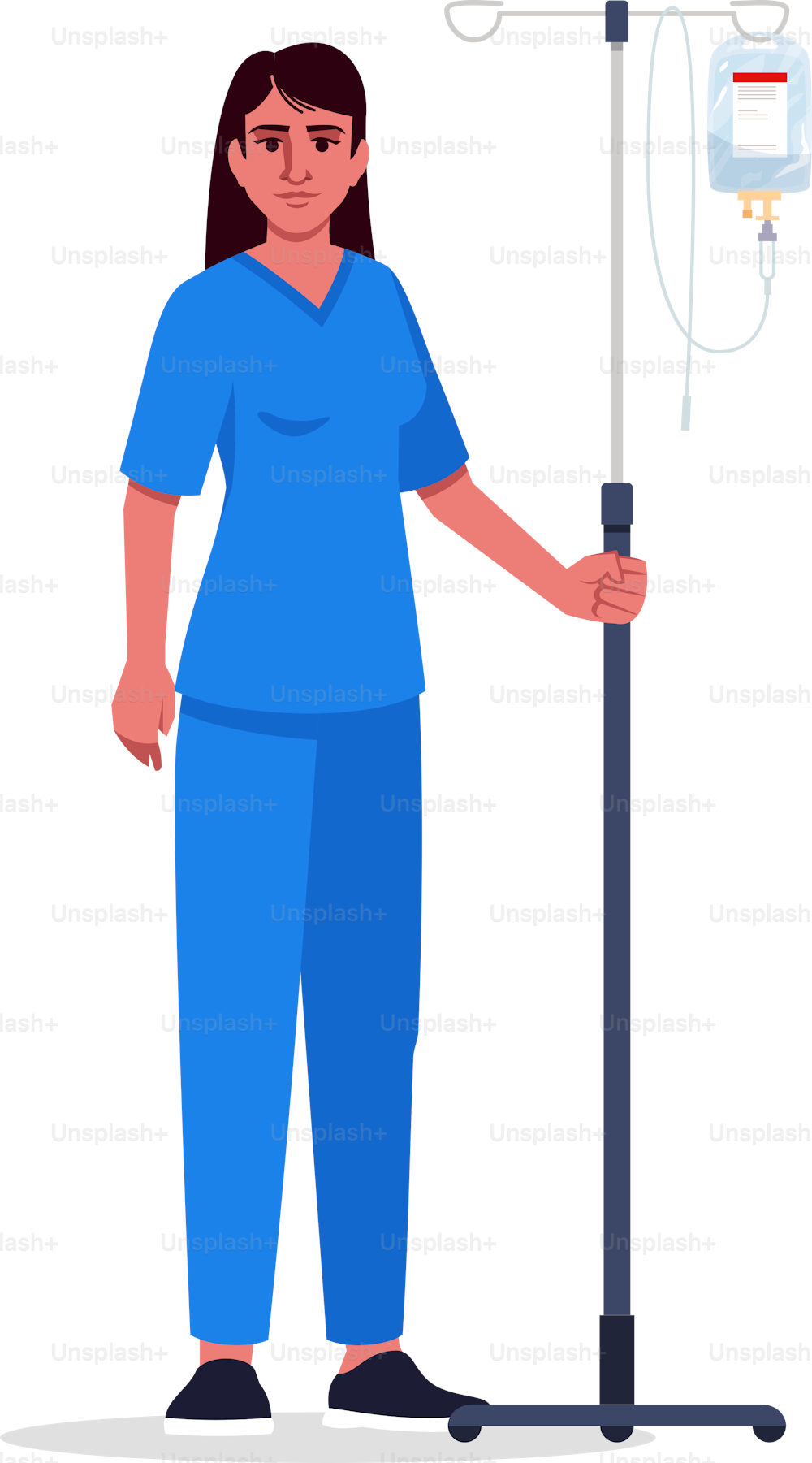 Ilustración vectorial de color RGB semiplana de enfermera. Personal médico. Profesional de la salud femenina. Joven médico hispano con polo intravenoso aislado personaje de dibujos animados sobre fondo blanco
