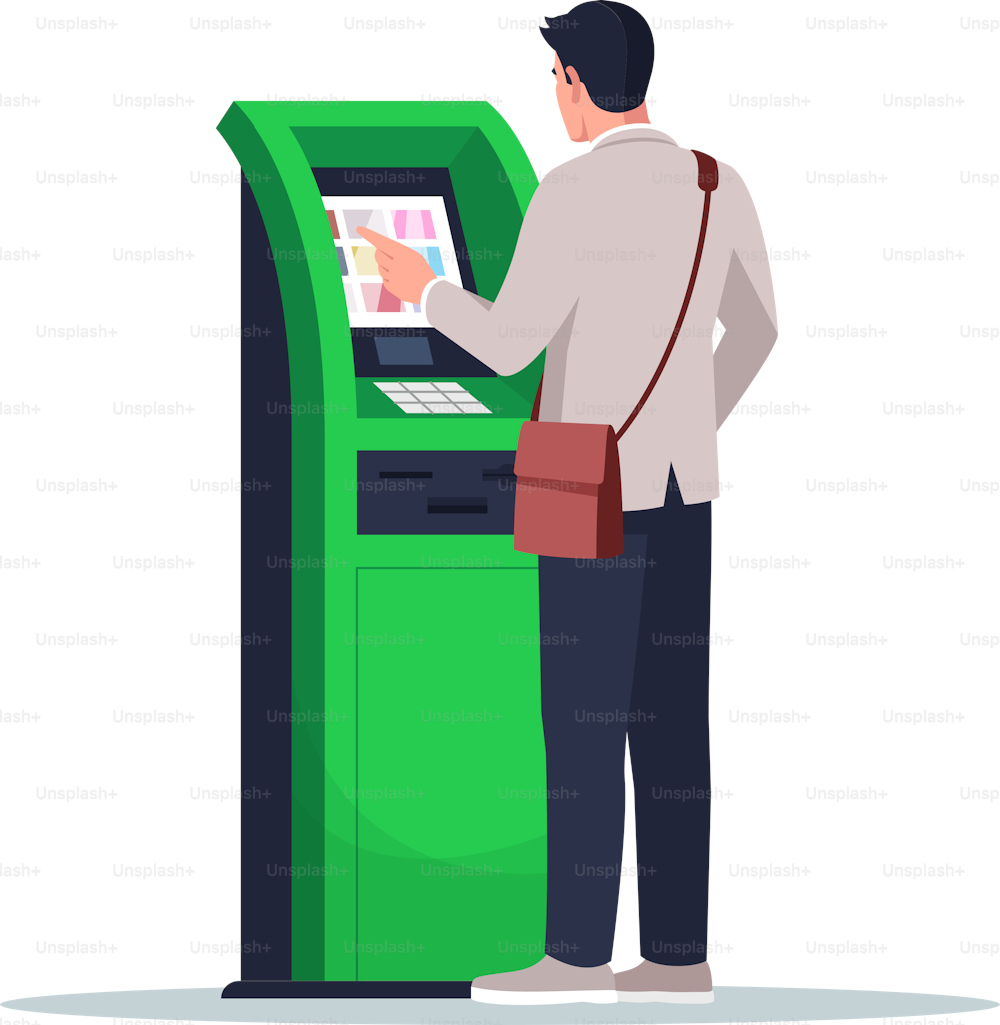 Man pay with ATM semi flat RGB color vector illustration. Male client use financial kiosk. Self service terminal for money withdraw. Bank customer isolated cartoon character on white background