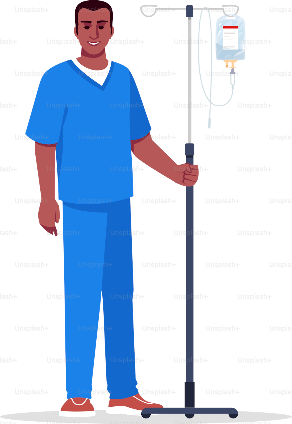 Male nurse semi flat RGB color vector illustration. Hospital personnel. Male medical worker. Young afro american doctor with intravenous pole isolated cartoon character on white background
