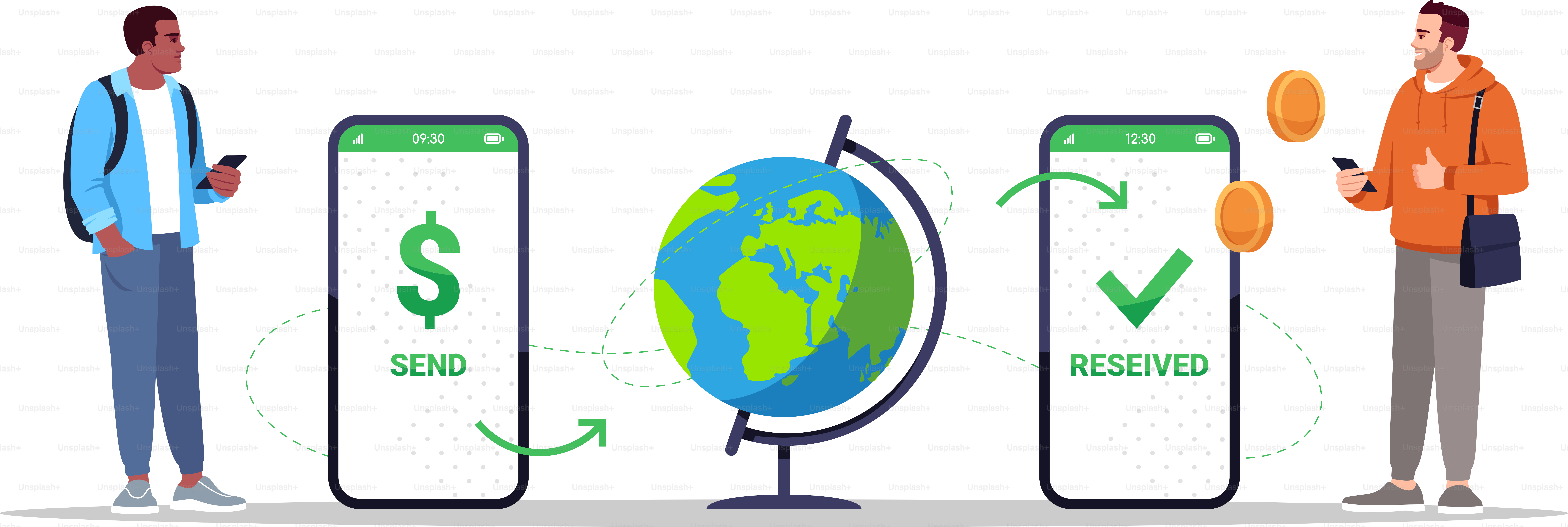 전자상거래 반평면 RGB 컬러 벡터 일러스트. 국제 화폐 거래. 사람, 현금 보내. 온라인 재무 운영. 스마트폰을 가진 고객이 흰색 배경에 만화 객체를 분리해 보았습니다
