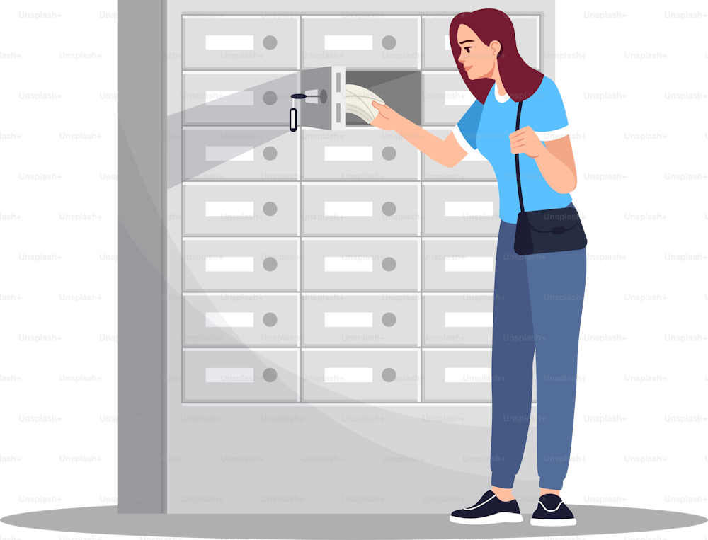 Private storage cell semi flat RGB color vector illustration. Woman put money for deposit. Confidential store of treasure. Bank female customer isolated cartoon character on white background