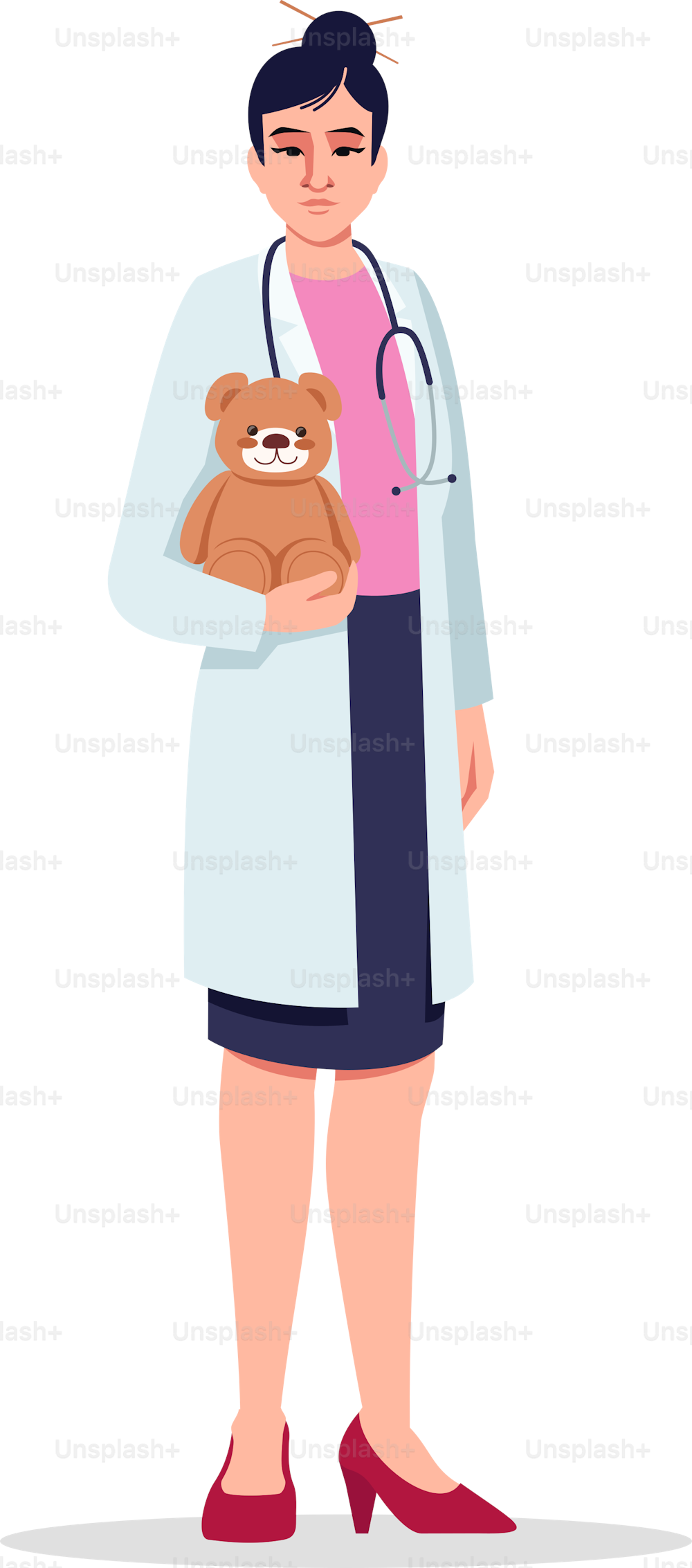소아과 의사 세미 플랫 RGB 컬러 벡터 그림입니다. 어린이 관리 의사. 의료진. 소아과 의사로 일하는 젊은 중국 여성은 흰색 배경에 고립된 만화 캐릭터를 가지고 있다