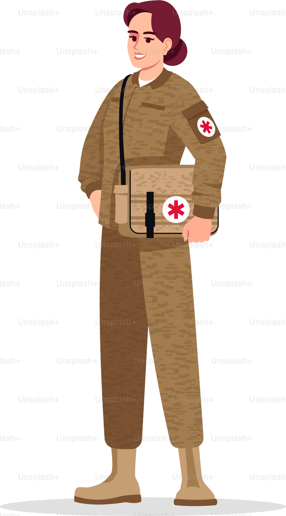 Military doctor semi flat RGB color vector illustration. Military surgeon. Noncombatant doctor. Young caucasian woman working as combat medic isolated cartoon character on white background