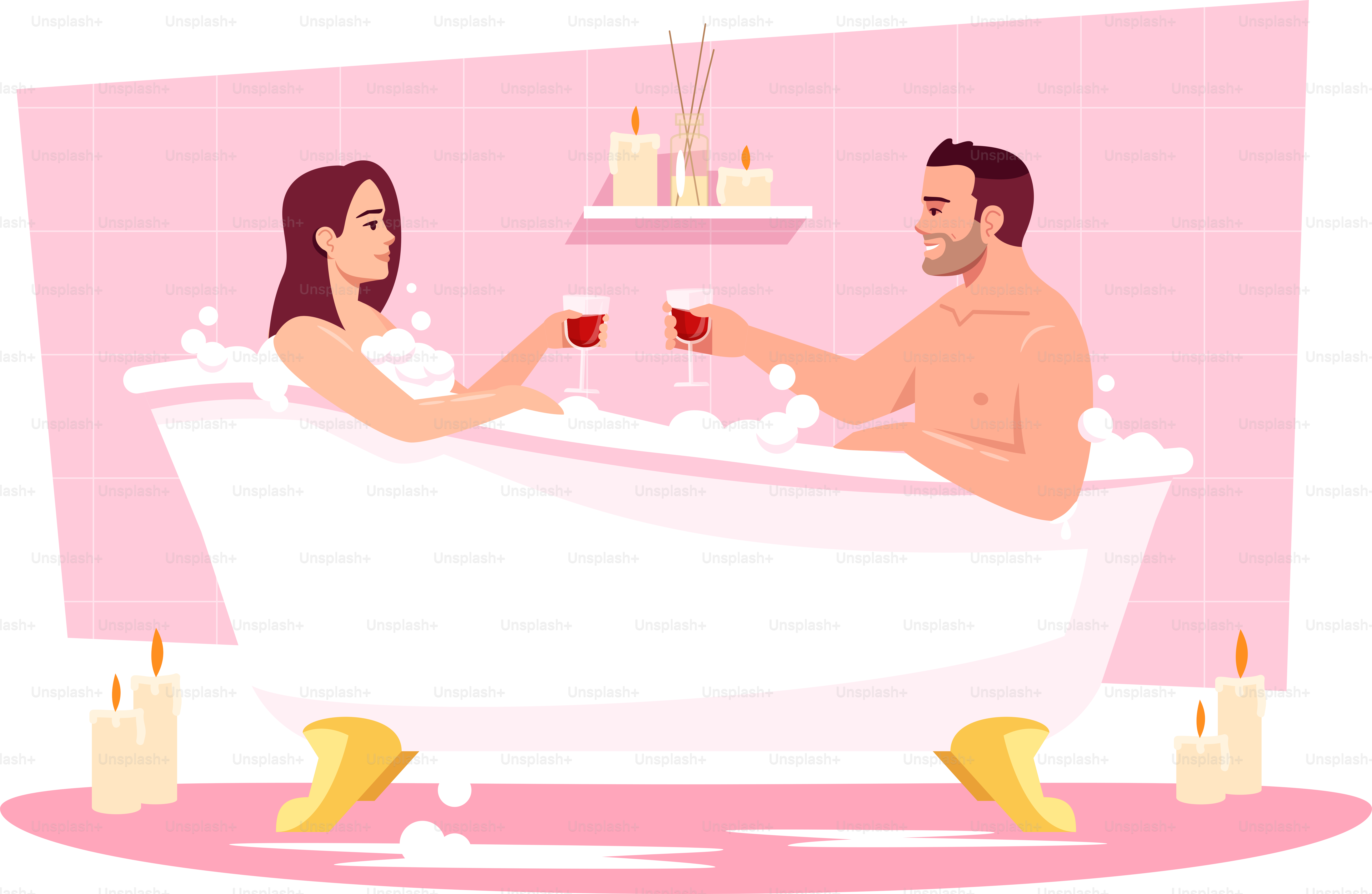 Acopla en una bañera una ilustración vectorial RGB semi plana. Cita  romántica en casa. Esposa y marido en la bañera con vino. Novio y novia  personajes de dibujos animados aislados sobre fondo, image size:3000x1955