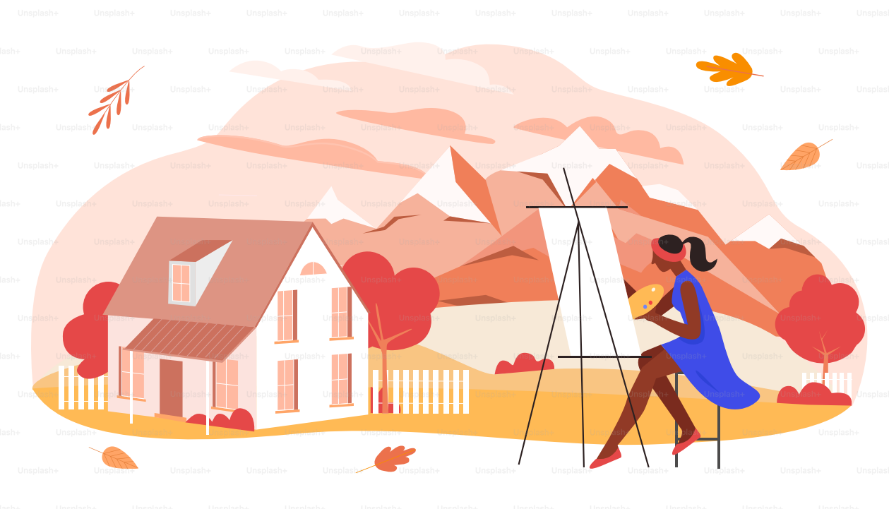 Arte autunnale con illustrazione vettoriale. Artista di donna piatta a cartoni animati, pittrice di personaggi, immagine stagionale del paesaggio montano del villaggio autunnale, bellezza della stagione autunnale con foglie arancioni isolate sul bianco