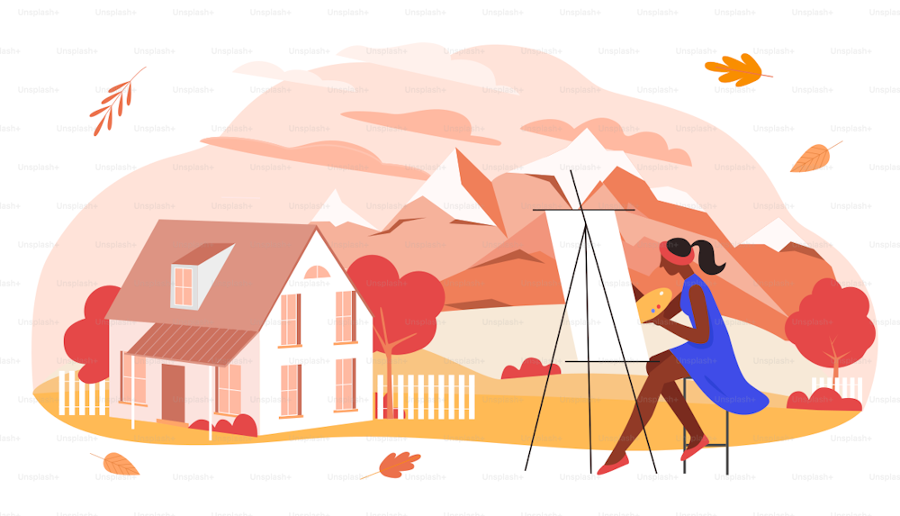 가을 예술 벡터 그림입니다. 만화 플랫 여성 아티스트 화가 캐릭터 그림 가을 마을 산 풍경의 계절 그림, 흰색으로 분리된 오렌지 잎이 있는 가을 시즌의 아름다움