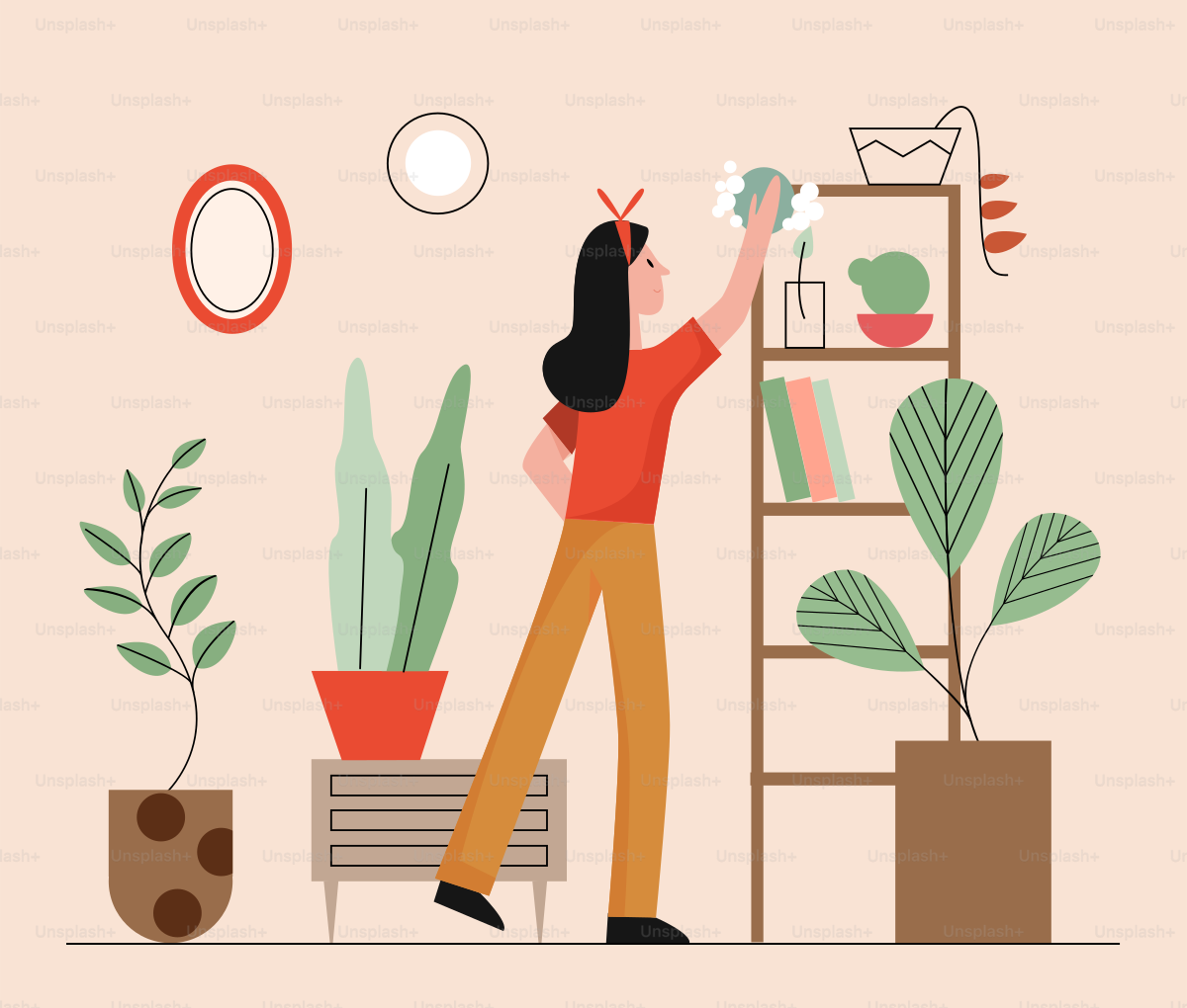 Clean house vector illustration. Cartoon flat happy woman housewife character working in household, cleaning living room home interior with cleaner sponge, domestic housework daily activity background