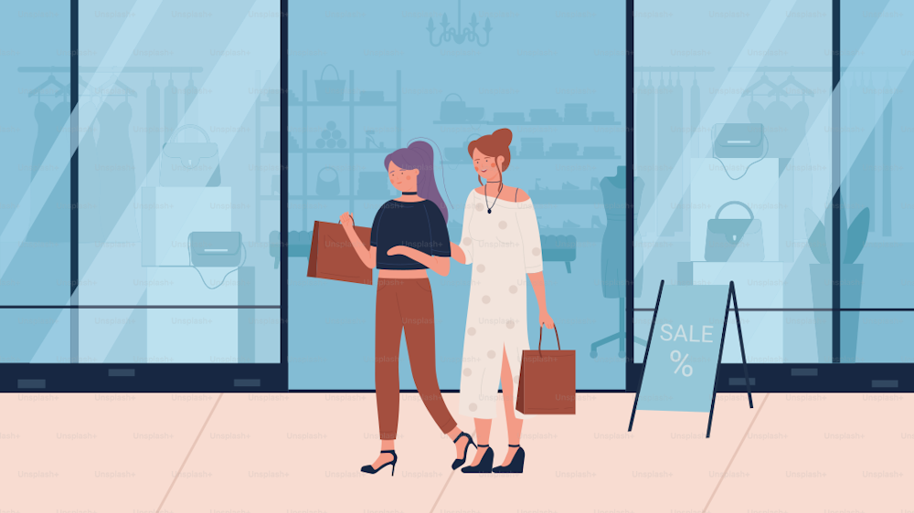 Woman shopping flat vector illustration. Cartoon happy young beautiful fashionable girl friend characters with shopper bags walking next to clothing stores shopwindows. Fashion shop sales background