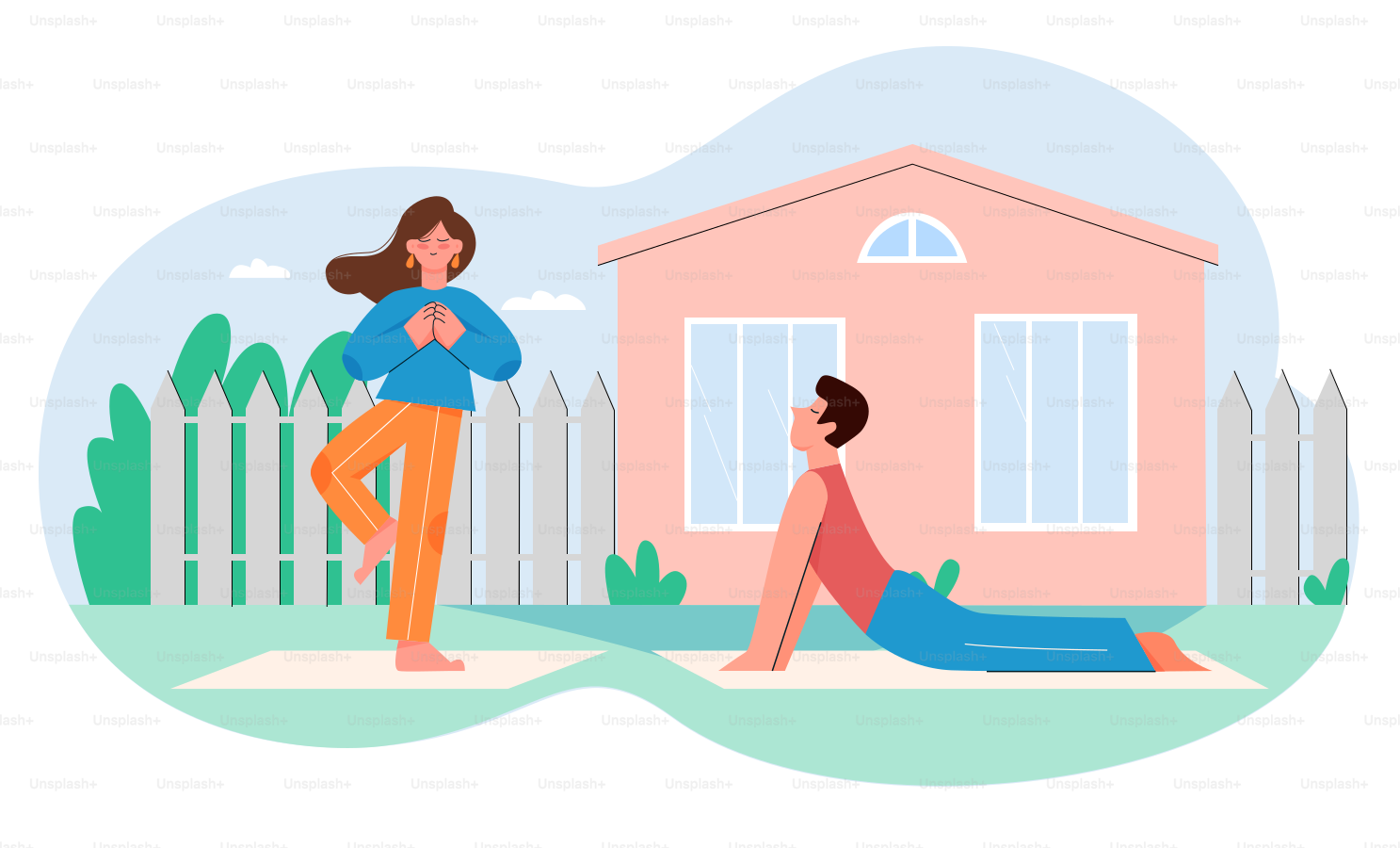 People practicing yoga activity flat vector illustration. Cartoon young active couple characters training, doing yoga asana, fitness exercises, yoga practice in summer garden nature isolated on white