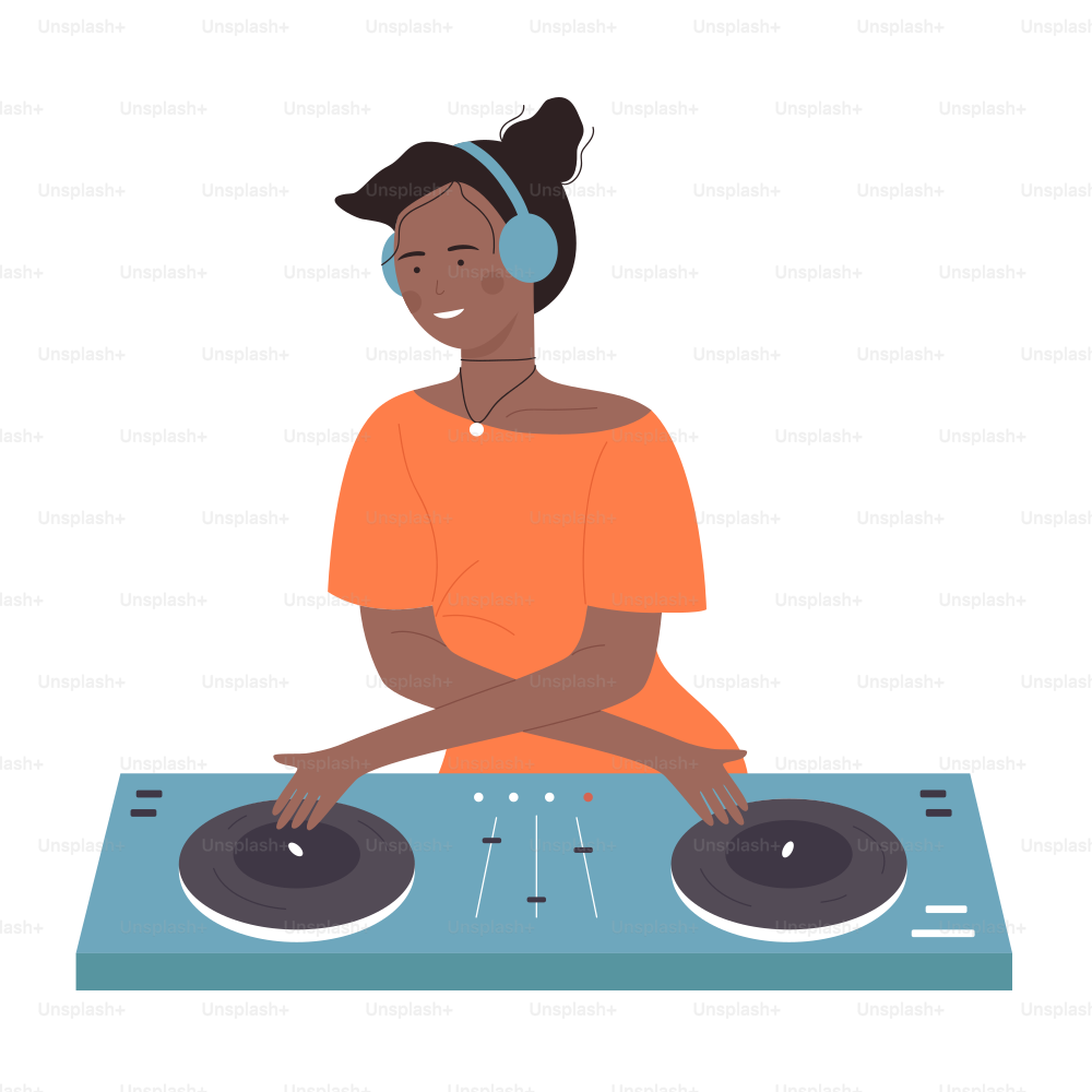 音楽パーティーのベクターイラストに黒人のアフリカ系アメリカ人の若いDJ女性。ターンテーブルミキサーを持つ漫画の平らな女性の女の子のDJキャラクターがナイトクラブで現代音楽を作り、ディスクを回転させます。