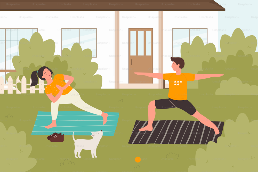 Summer yoga practice outdoor flat vector illustration. Cartoon happy young family, friends or couple characters practicing asana yoga pose in backyard, summertime healthy activity in nature background