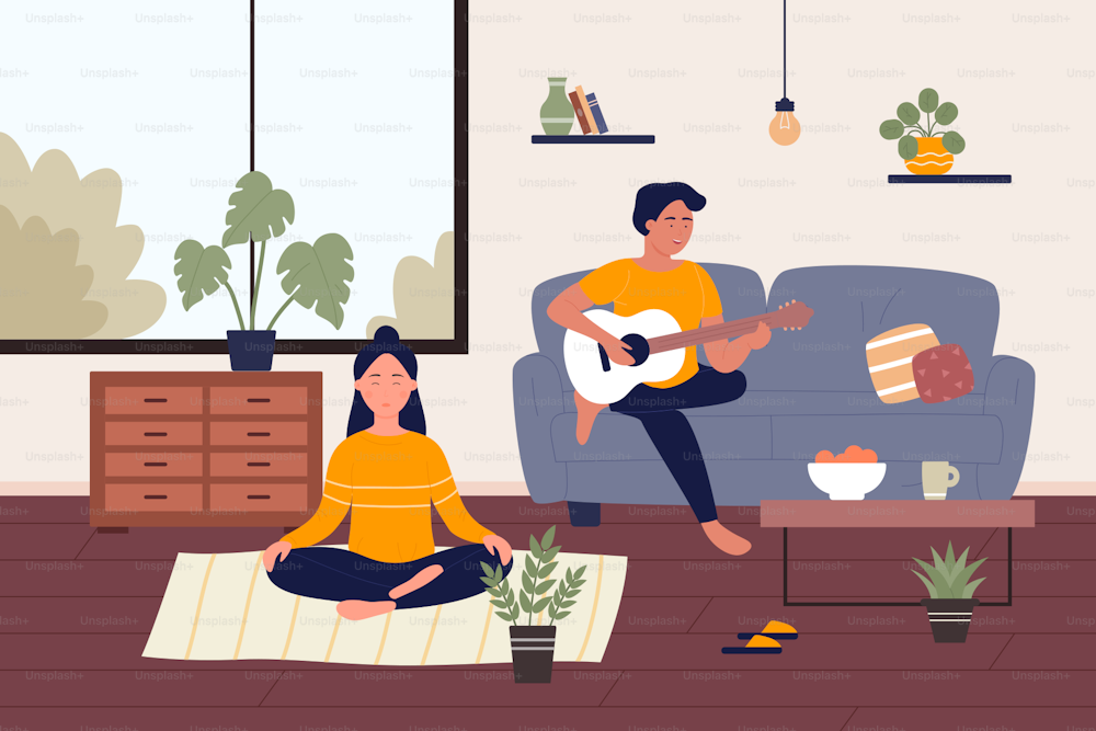 Home weekend flat vector illustration. Cartoon happy young couple people spend weekend time at home together, girl character relaxing, doing yoga meditating, guy playing music on guitar background