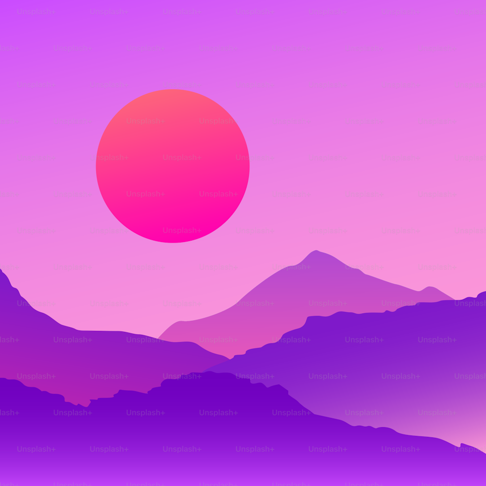 Vaporwave-Berglandschaft bei Sonnenuntergang. Vektor eps 10 Illustration