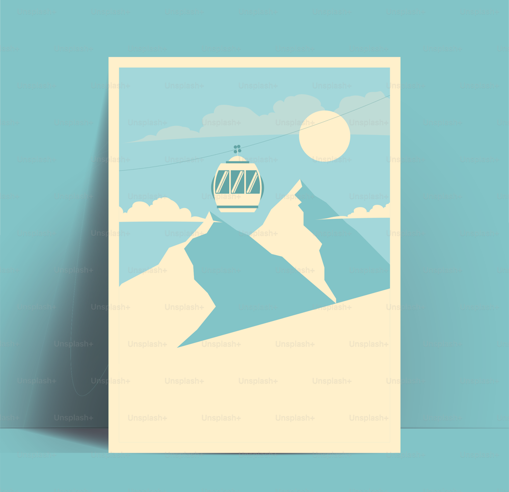 Ski or snowboarding or winter mountains tour poster or flyer design template with mountains silhouettes and mountain lift cabin and blank space for your text. Vector eps 10 illustration