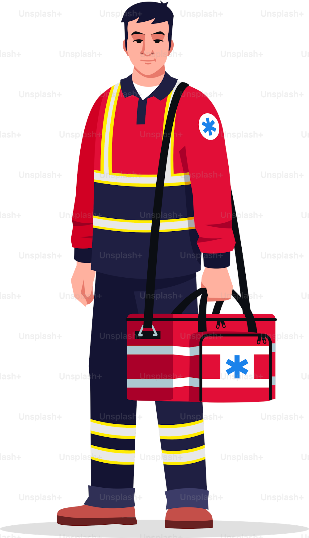 Paramedic semi flat RGB color vector illustration. Technicien médical d’urgence. Médecin masculin. Chinois travaillant comme ambulancier avec un sac médical Personnage de dessin animé isolé sur fond blanc