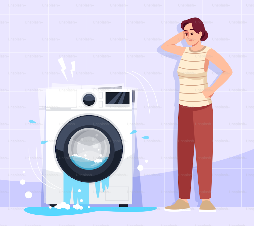 Woman puzzled by appliance breakdown semi flat vector illustration. Electricity problem. Not working automatic washer. Complete broken washing machine 2D chartoon character for commercial use