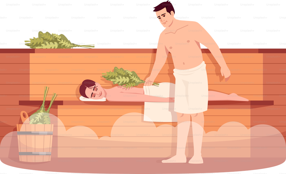 Sauna lounge semi flat RGB color vector illustration. Girl relax on wooden stove shelf. Boyfriend with bath broom massage girlfriend. Man and woman isolated cartoon character on white background