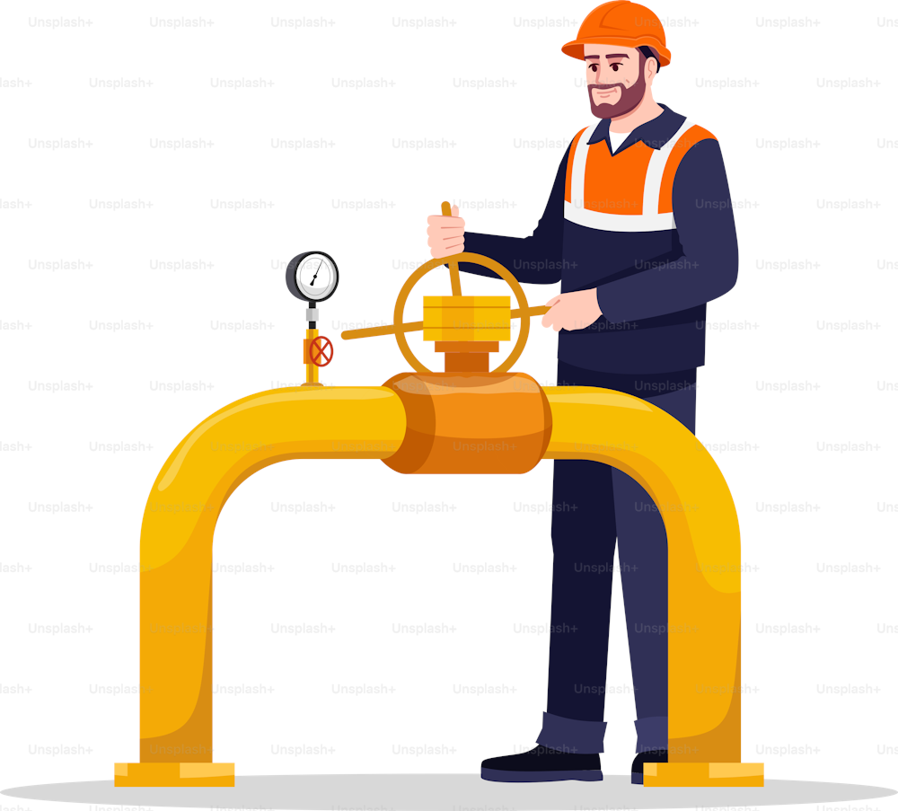 Pipeline repair semi flat RGB color vector illustration. Gasman working. Fuel production and transportation. Gas industry male worker isolated cartoon character on white background