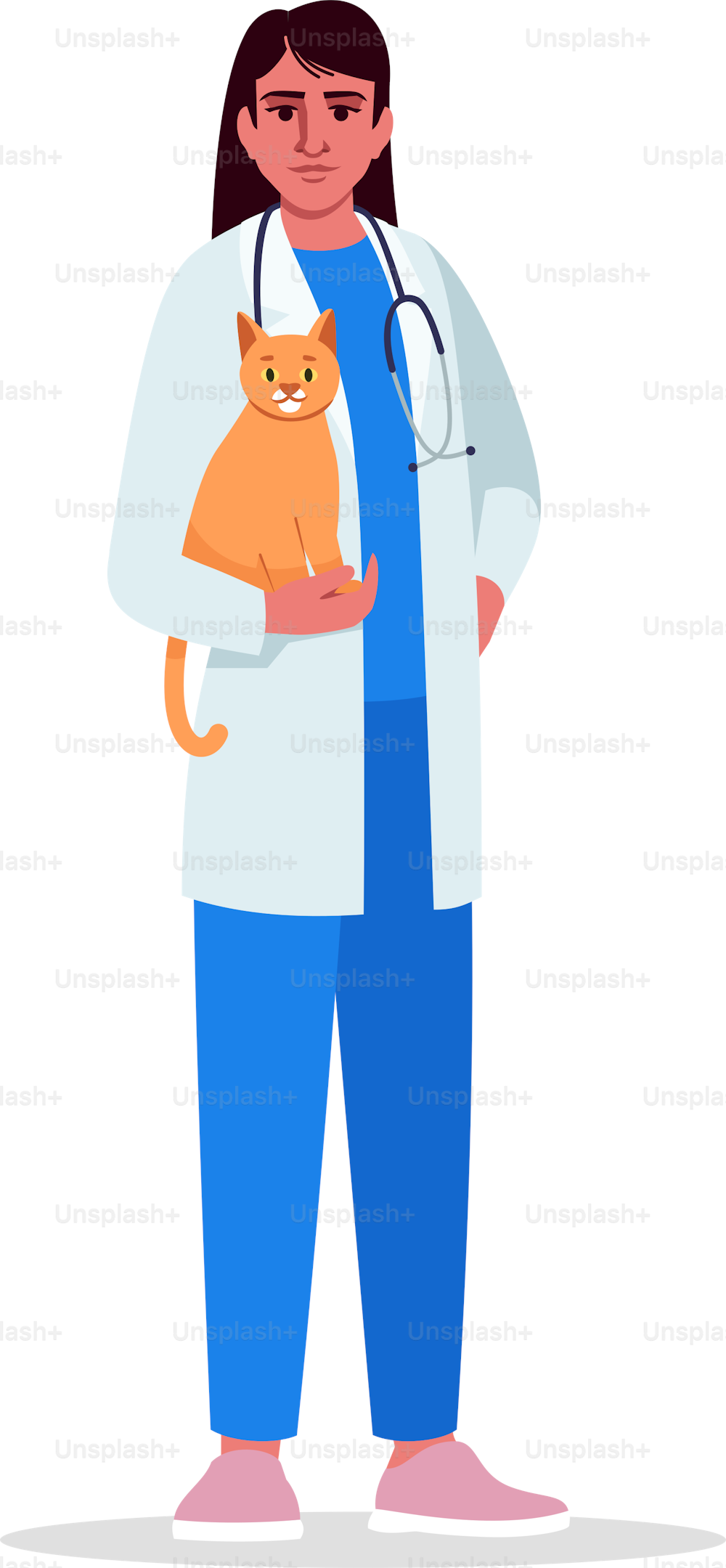 Veterinarian semi flat RGB color vector illustration. Medical personnel. Female doctor. Veterinary physician. Young hispanic veterinary surgeon isolated cartoon character on white background