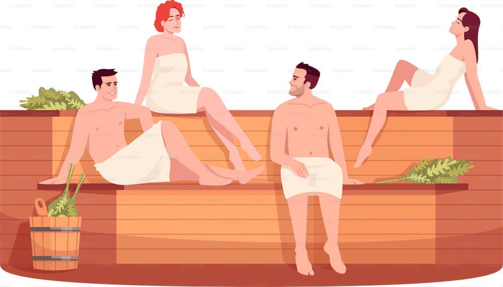 Sauna pubblica semi piatta RGB illustrazione vettoriale di colore. Stufa russa pubblica per donne e maschi. Bagno finlandese. Amici in località termale isolato personaggio del fumetto su priorità bassa bianca