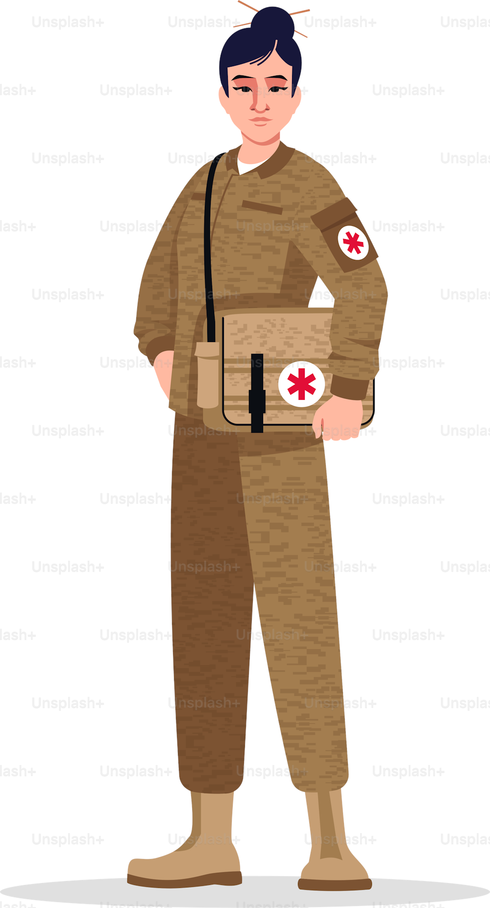 Combat Medic Semi Flat RGB Farbvektor Illustration. Militärarzt. Nichtkombattant. Streitkräfte. Junge asiatische Frau, die als Kampfsanitäterin arbeitet, isolierte Zeichentrickfigur auf weißem Hintergrund