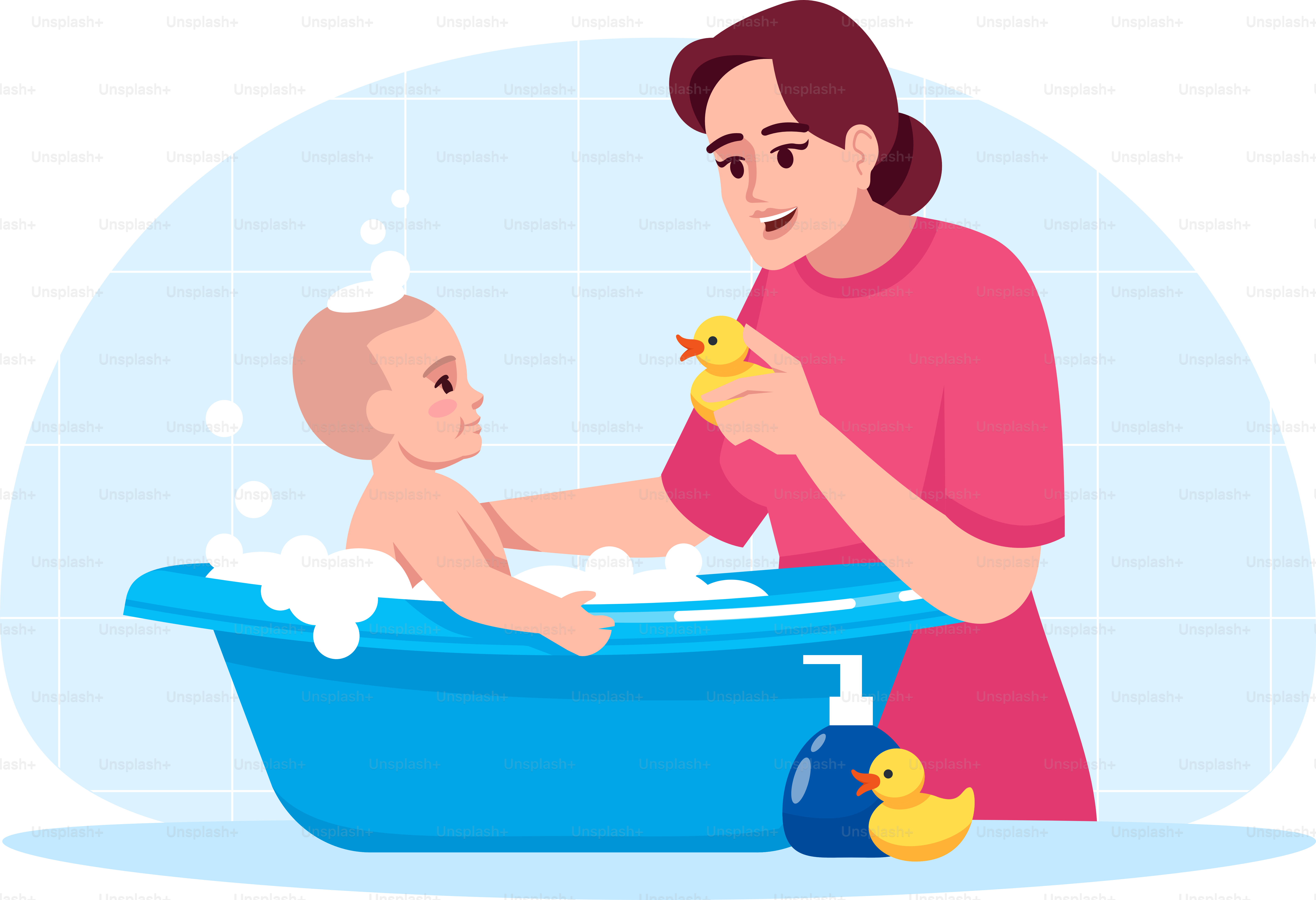 Halbflache RGB-Farbvektor-Illustration für Babyhygiene. Kleinkind in der Badewanne. Mutter wäscht Baby. Kind spielt im Badezimmer. Familienbindung. Glückliche Mutter waschen Sohn isolierte Cartoonfigur auf blauem Hintergrund