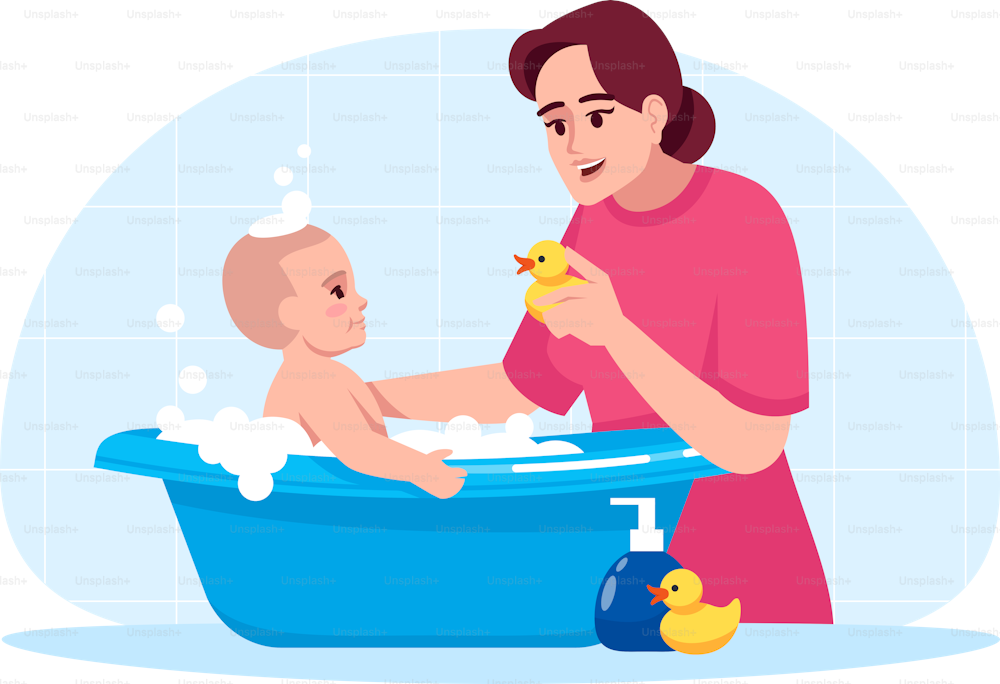 Babyhygiene halbflache RGB-Farbvektorillustration. Kleinkind in der Badewanne. Mutter wäscht Baby. Kinder spielen im Badezimmer. Familiäre Bindung. Glückliche Mutter wäscht Sohn isolierte Zeichentrickfigur auf blauem Hintergrund