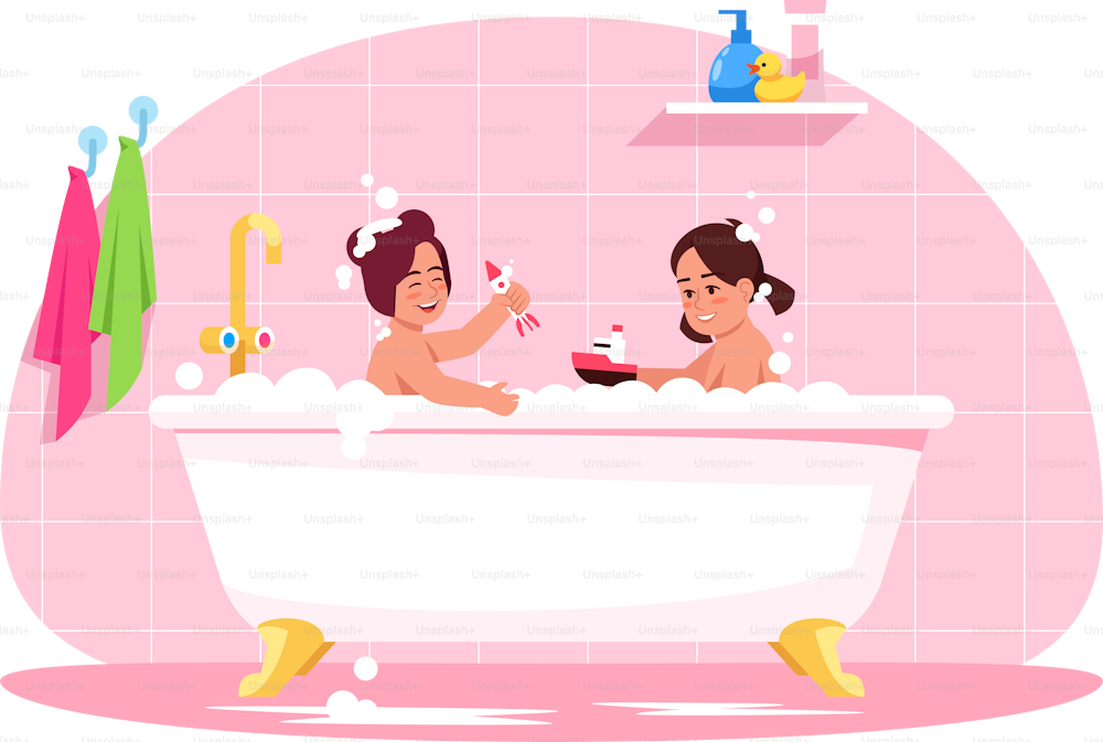 Children in bath semi flat RGB color vector illustration. Kids play with plastic toys. Bubble bath for sisters hygiene. Little girls in tub isolated cartoon characters on pink background