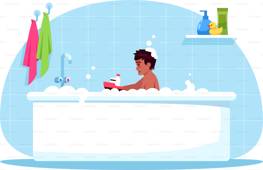 소년 목욕 시간 세미 플랫 RGB 컬러 벡터 그림입니다. 아기는 플라스틱 장난감을 가지고 놀아요. 어린이를 위한 거품 목욕. 화장실 시간. 욕조에 있는 남자 유아는 파란색 배경에 고립된 만화 캐릭터