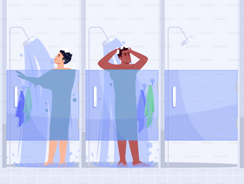 Male gym shower semi flat vector illustration. People in public shower cabins row. Man washing with soap. Cleanliness and hygiene. Multiethnic men 2D cartoon characters for commercial use