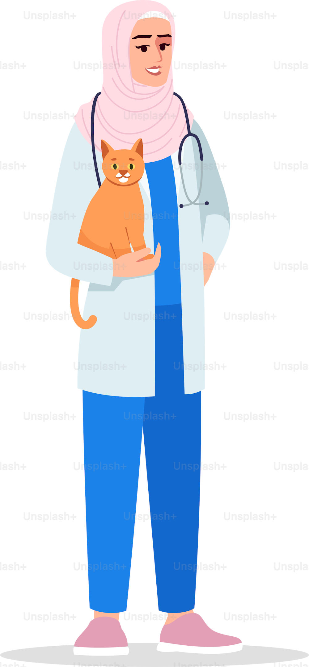 Tierarzt halbflache RGB-Farbvektorillustration. Tierarzt. Ärztin. Tierarzt. Junge muslimische Frau, die als Tierärztin arbeitet, isolierte Zeichentrickfigur auf weißem Hintergrund