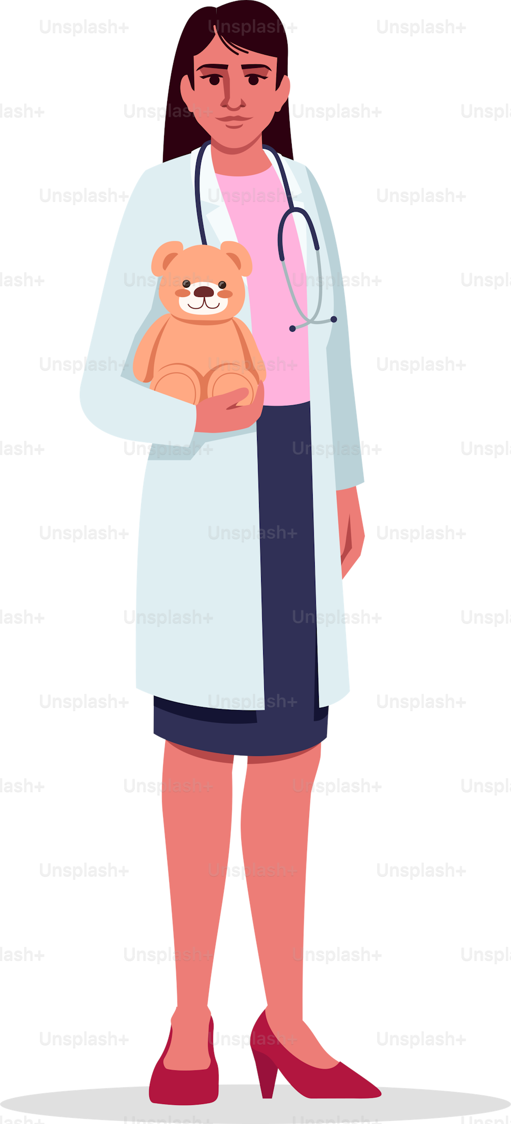 Pediatrician semi flat RGB color vector illustration. Female doctor. Paediatrician. Medical staff. Young latino woman working as baby doctor isolated cartoon character on white background