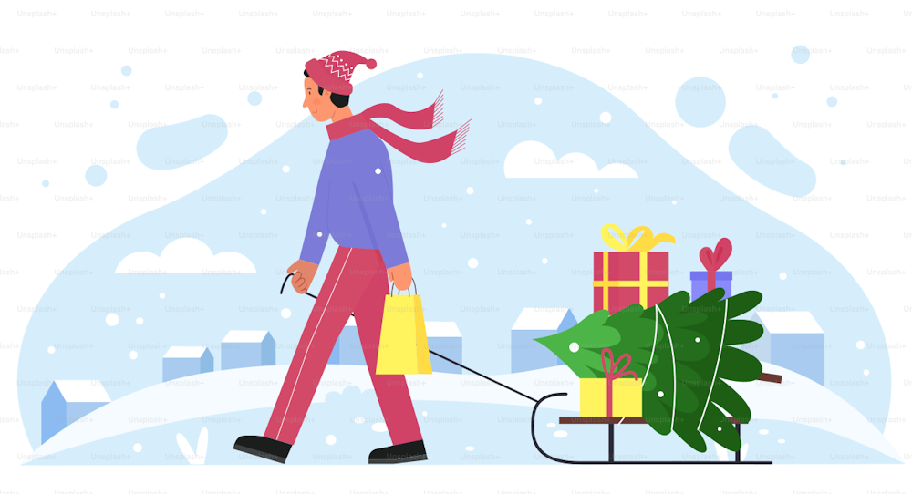 Illustrazione vettoriale di buon Natale. Personaggio del padre piatto del fumetto che trasporta la slitta con l'albero di Natale, Natale presenta regali per celebrare la vigilia di Natale, celebrazione delle vacanze invernali isolata sul bianco